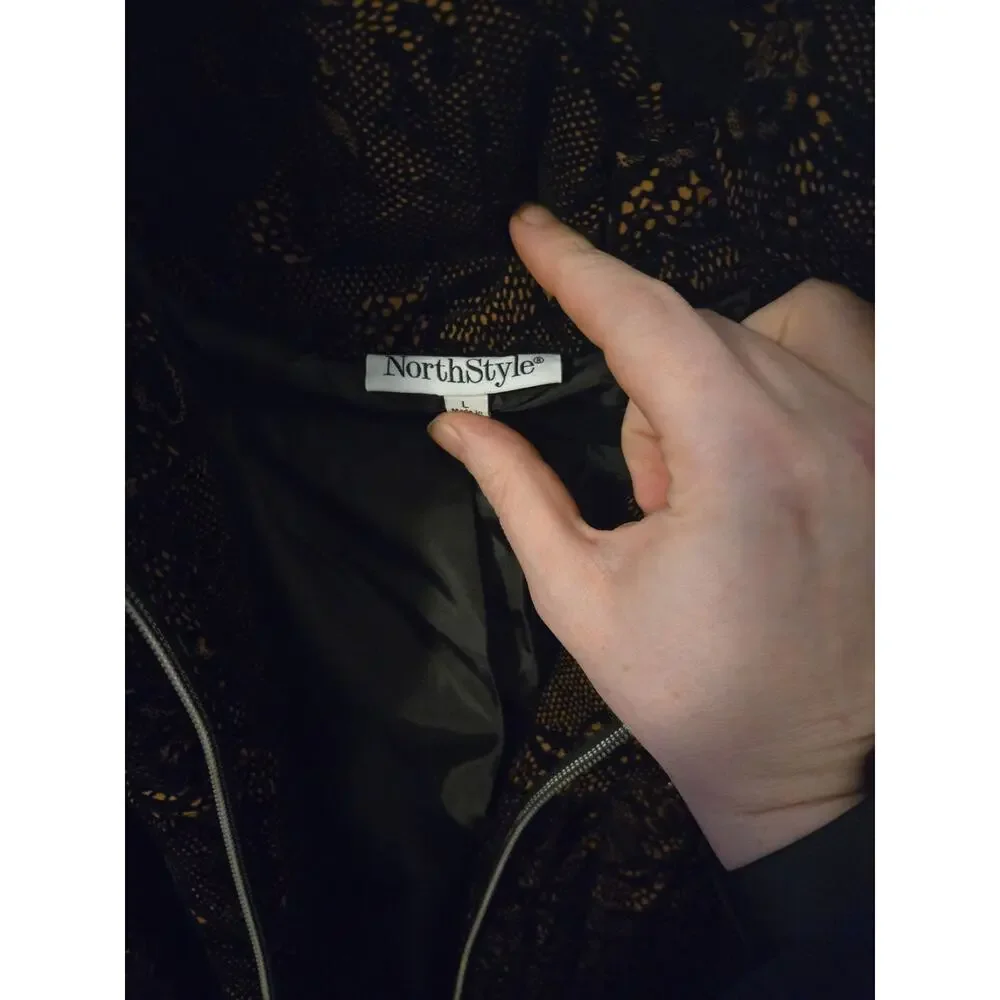 NorthStyle Women's Black & Copper Lace Print Hooded Parka Jacket Size Large - Picture 2 of 2